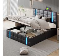Lodera Lit Coffre 140x200 avec Sommier, Lit Double Rembourré avec Éclairage LED et Port USB,de Rangement Hydraulique pour Adultes et Adolescents, PU Noir (140×200cm)
