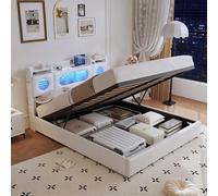 Lodera Lit Coffre 140x200 cm avec USB et Lumière LED, Lits Hydrauliquet avec Tête de Lits et Rangement, Lit Double avec à Lattes pour Adultes et Adolescents, PU (Blanc)