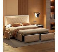 Lodera Lit Coffre Capitonné 160x200 avec 4 Tiroirs de Rangement,Lit Double avec Éclairage LED,Cadre de lit Double avec Sommier à Lattes,Lit 2 Personnes,PU, Blanc,sans Matelas (Blanc cassé, 160×200cm)