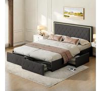 Lodera Lit Coffre Capitonné 160x200 avec 4 Tiroirs de Rangement,Lit Double avec Éclairage LED,Cadre de lit Double avec Sommier à Lattes,Lit 2 Personnes,PU, Blanc,sans Matelas (Gris, 160×200cm)