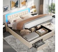 Lodera Lit Double 140x190 Beige avec Tête de Lit et Rangement -avec Sommier à Lattes en Bois, 2 Tiroirs au Bout du Lit, en Velours, pour Adultes et Adolescents, Lit Double avec Rangement (140×190cm)