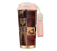 Lodge Bear - Tasse à café en acier avec couvercle anti-fuite, motif cerf et poisson - Tasse portable pour garder au chaud ou à la glace