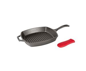 Lodge L8SGP3ASHH41B Pre-Seasoned Cast Iron Square Grill Pan with Red Silicone Hot Handle Holder, 10.5, Black by Lodge