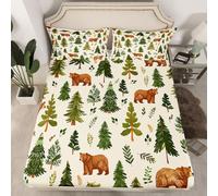 Lodge Life - Parure de lit 3 pièces pour enfants, adolescents et adultes, motif ours brun de dessin animé, animaux sauvages, poche profonde, 2 taies d'oreiller (sans drap), très grand lit