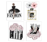 Lodintech Art mural sur toile tendance pour femme, décoration murale pour chambre de fille, fleurs roses, affiches d'art moderne, sacs à main parfumés, talons hauts, peintures murales sans cadre,