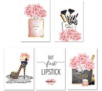 Lodintech Lot de 5 impressions sur toile tendance pour chambre de fille - Parfum fleur rose - Sans cadre - Affiches tendance - Décorations tendance pour salon, femme et bureau - Pinceau de maquillage