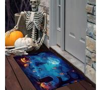 LODMLOER Paillasson d'halloween en Cimetière Étrange pour Porte d'entrée extérieure, Tapis d'entrée Bleu à Profil Bas avec Dos antidérapant,40 x 60 cm, Lanterne Citrouille Arbre Mort
