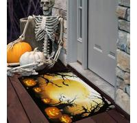 LODMLOER Paillasson d'halloween en Citrouille Chauve-Souris pour Porte d'entrée extérieure, Tapis d'entrée Jaune Noir à Profil Bas avec Dos antidérapant,40 x 60 cm, Pleine Lune Arbre Mort