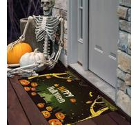 LODMLOER Paillasson d'halloween en Gothique Cimetière pour Porte d'entrée extérieure, Tapis d'entrée Orange Vert à Profil Bas avec Dos antidérapant,45 x 75 cm, Citrouille Arbre Mort