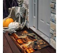 LODMLOER Paillasson d'halloween en Lanterne Citrouille pour Porte d'entrée extérieure, Tapis d'entrée Orange Brun à Profil Bas avec Dos antidérapant,50 x 80 cm, Chapeau De Chat Magicien