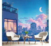 LODMLOER Papier Peint Architecture Urbaine Vue Nocturne, Papier Peint Panoramique Style Dessin Animé Japonais, Fresque Murale Intissée pour Salon et Chambre, Décoration Murale 350x256cm
