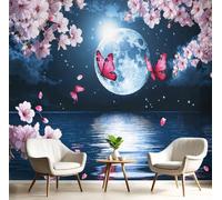 LODMLOER Papier Peint Fleurs De Cerisier Papillon, Papier Peint Panoramique Reflet De La Lune Sur Le Lac, Fresque Murale Intissée pour Salon et Chambre, Décoration Murale 350x256cm