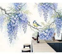 LODMLOER Papier Peint Glycine À L'Aquarelle Panoramique 3D Branches Oiseaux Papier Peint Murale Salon Chambre à Coucher Maison Décoration Intérieure 450x315cm