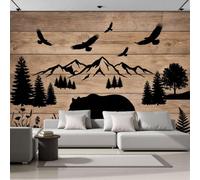 LODMLOER Papier Peint Intissé Campagne Silhouette, Ours Bloc De Bois Vintage Poster Tableaux Photo Muraux Utilisé Pour Salon Chambre Bureau Décoration Murale (250x175cm)