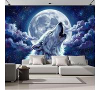 LODMLOER Papier Peint Intissé Loup Hurlant, Faune Pleine Lune Poster Tableaux Photo Muraux Utilisé Pour Salon Chambre Bureau Décoration Murale (450x315cm)