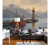 LODMLOER Papier Peint Intissé Phare Quai, Bateau De Pêche Jetée En Bois Poster Tableaux Photo Muraux Utilisé Pour Salon Chambre Bureau Décoration Murale(250x175cm)