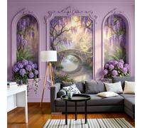 LODMLOER Papier Peint Jardin Des Rêves 200x140cm Violet Tissu intissé Peintures Murales Décoratives Chambre Bureau Salon Pont De Pierre Glycine