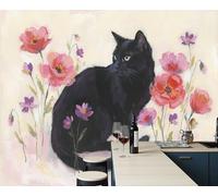 LODMLOER Papier Peint Panoramique 400x280cm (LXH) Chat Noir Coquelicot Style De Peinture À L'Huile Papier Peint Intissé Tapisserie Poster Mural pour Salon Chambre Décoration Murale