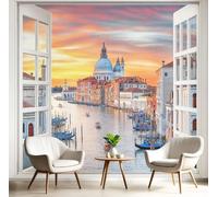 LODMLOER Papier Peint Panoramique Canals De Venise Ville Italienne 300x210cm Papier Peint Intissé Fresque Murale Vue Par Fenêtre pour Salon Canapé TV Fond Décoration Murale
