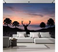 LODMLOER Papier Peint Panoramique Cerf Silhouette,400x280cm, Taille Personnalisée disponible,Coucher De Soleil Collines Fresque Murale, pour Salon Chambre Décoration Murale papiers peints décoratif