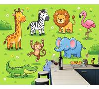 LODMLOER Papier peint panoramique intissé Animaux De Dessin Animé Herbe 200x140cm tapisserie murale photo, Décoration Murale pour Salon Chambre Vert