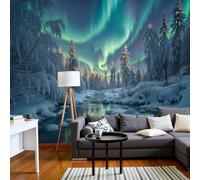 LODMLOER Papier Peint Paysage D'Hiver Enneigé 350x256cm Vert Blanc Tissu intissé Peintures Murales Décoratives Chambre Bureau Salon Aurore Forêt