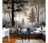 LODMLOER Papier Peint Paysage Forestier 350x256cm Gris Vert Tissu intissé Peintures Murales Décoratives Chambre Bureau Salon Arbres Fougères