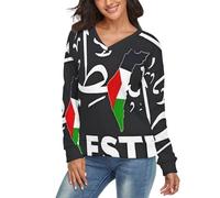 LODMLOER Pull en Tricot à Manches Longues et Col en V pour Femme Palestine Pull Chaud Mode Automne Hiver Haut S-XXL, Noir