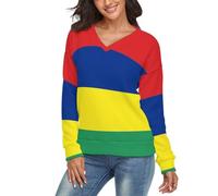 LODMLOER Pull en Tricoté pour Femme Drapeau De L'Île Maurice Sweatshirt Chaud Tunique Tops Col en V Manche Longue Chemisier Automne Hiver S-XXL, Multicolore