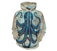 LODMLOER Sweat à Capuche pour Homme avec imprimé Carte Rétro du Poulpe, Pull Unisexe Ancienne Carte avec Poche Kangourou et Cordon de Serrage pour Tenue Décontractée, Salle de Sport
