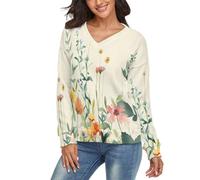 LODMLOER Sweatshirt Femme Col en V Pulls à Manches Longues Peinture À L'Aquarelle De Fleurs Sauvages Cachemire Femme Hiver Champs Paisibles Pull en Tricot Leger Décontractés Top, Crème