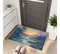 LODMLOER Tapis Entree Interieur Crépuscule Vallée 60 x 90 cm Lavable en Machine | AntidéRapant Poil Ras, paillasson Forêt Ruisseau, pour entrée, Cuisine ou Chambre Cuisine,Bleu Orange