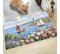 LODMLOER Tapis Entree Interieur Littoral Phare 60 x 90 cm Lavable en Machine | Tapis Voilier Champ De Fleurs AntidéRapant Poil Ras, pour Chambre, Cuisine, Entrée, Decoration,Bleu