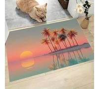 LODMLOER Tapis Entree Interieur, Paillasson Lavable en Machine,Coucher De Soleil Île,Palmier, à Poils Courts, Antidérapant et Doux, Idéal pour Couloir, Entrée ou Cuisine,Rose Pêche,45 x 75 cm