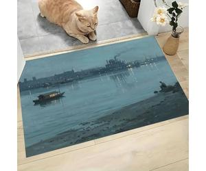 LODMLOER Tapis Entree Interieur Rive Fluviale Usine 45 x 75 cm Lavable en Machine | Tapis Scène Réaliste De Nuit AntidéRapant Poil Ras, pour Chambre, Cuisine, Entrée, Decoration,Bleu