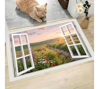 LODMLOER Tapis Entree Interieur Zones Rurales Collines 50 x 80 cm Lavable en Machine | Tapis Prairies Fleurs Sauvages AntidéRapant Poil Ras, pour Chambre, Cuisine, Entrée, Decoration,Vert