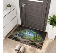 LODMLOER Tapis Réaliste Grottes pour entrée, Tapis de Porte d'entrée d'intérieur antidérapant Lavable en Machine pour Cuisine, paillasson décoré de Chutes d'eau Plages Doux,Vert 50 x 80 cm