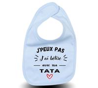 LODMY® - Bavoir Bébé Garçon Bleu Clair “J'Peux Pas J'Ai Bêtise Avec Tata - Flocage Doux - Idée Cadeau Naissance Originale Personnalisée