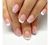 Lodoot Lot de 24 faux ongles carrés courts avec fleurs blanches à coller sur les ongles brillants à presser pour femme sans outil peau claire blanche française mignonne fleur simple à porter