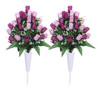 Lodou Fleurs artificielles de cimetière pour décoration de Tombe en extérieur, Bouquet d'arrangements avec Vase de cimetière, Fleurs en Soie pour Un Souvenir Durable (Violet)