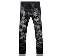 Loeay Jeans Homme Imprimé Dragon Coloré Dessin Coloré Peint Pantalon en Jean Slim Élastique Noir Long Pantalon Noir 38