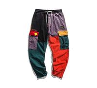 Loeay Pantalon décontracté pour homme, style hip-hop, streetwear, pantalon de jogging en velours côtelé, taille élastique, sarouel, patchwork, comme sur l'image, S