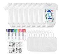 LOEPENLE Bavoirs Bebe de Peinture,16 Pièces Bavoir pour Bébé Blanc à Peindre avec 8 bodies manches courtes 14 Stylos Textiles de Couleur et 8 Pochoirs de Peinture,8 Bavoirs peints,Bavoirs Blanc Bébé