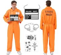 LOEPENLE Ensemble de costume de prisonnier pour homme, combinaison orange avec kit d'accessoires de prison, déguisement de détenu pour Halloween, carnaval, cosplay