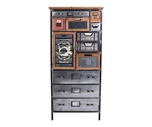 Lof030 Palazzo Commode haute « Upper West Side LOFT » - Armoire de pharmacie - Commode industrielle | Bois et métal | 17 tiroirs et porte au design patchwork