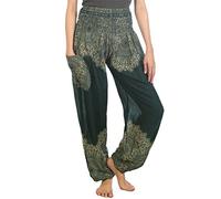 Lofbaz Boho Pantalons Femmes Taille Smockée Peacock Harem Pants Vert Size L