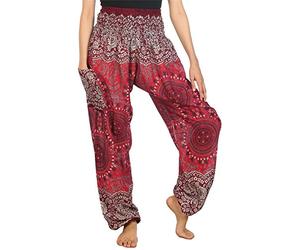 Lofbaz Boho Pantalons Femmes Taille Smockée Rose 2 Harem Pants Bourgogne Size M