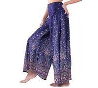 Lofbaz Femme Jambe Large Palazzo Pantalon Yoga Hippie Sarouel Fluide Pantalon - Peacock 1 Bleu foncé et Rouge - S
