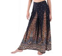 Lofbaz Femme Jambe Large Palazzo Pantalon Yoga Hippie Sarouel Fluide Pantalon - Peacock 1 Noir et Or - M