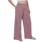 Lofbaz Femme Pantalon Large Été en Coton et Lin Fluide Palazzo Plage Taille Haute Bohème Long Pantalon de Salon avec Poches Rose Violette XL